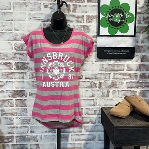 Fox  Innsbruck Austria Pink and Gray Striped T-Shirt medium